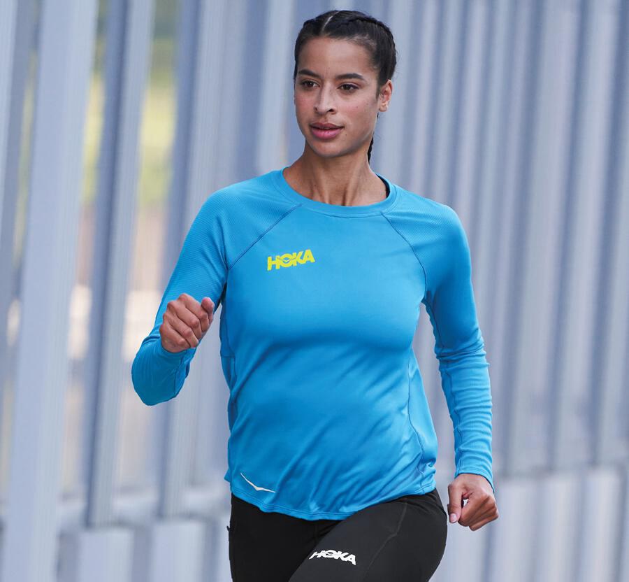 Top Hoka One One Mujer Azules - Performance Long Sleeve - HBMX60923